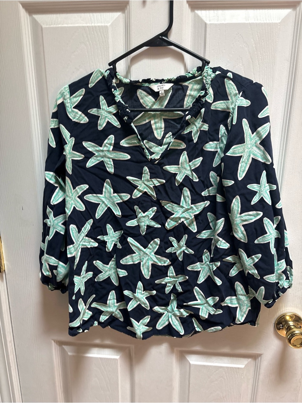 crown & ivy Navy Starfish Print Wrap-Style Blouse - Seafoam